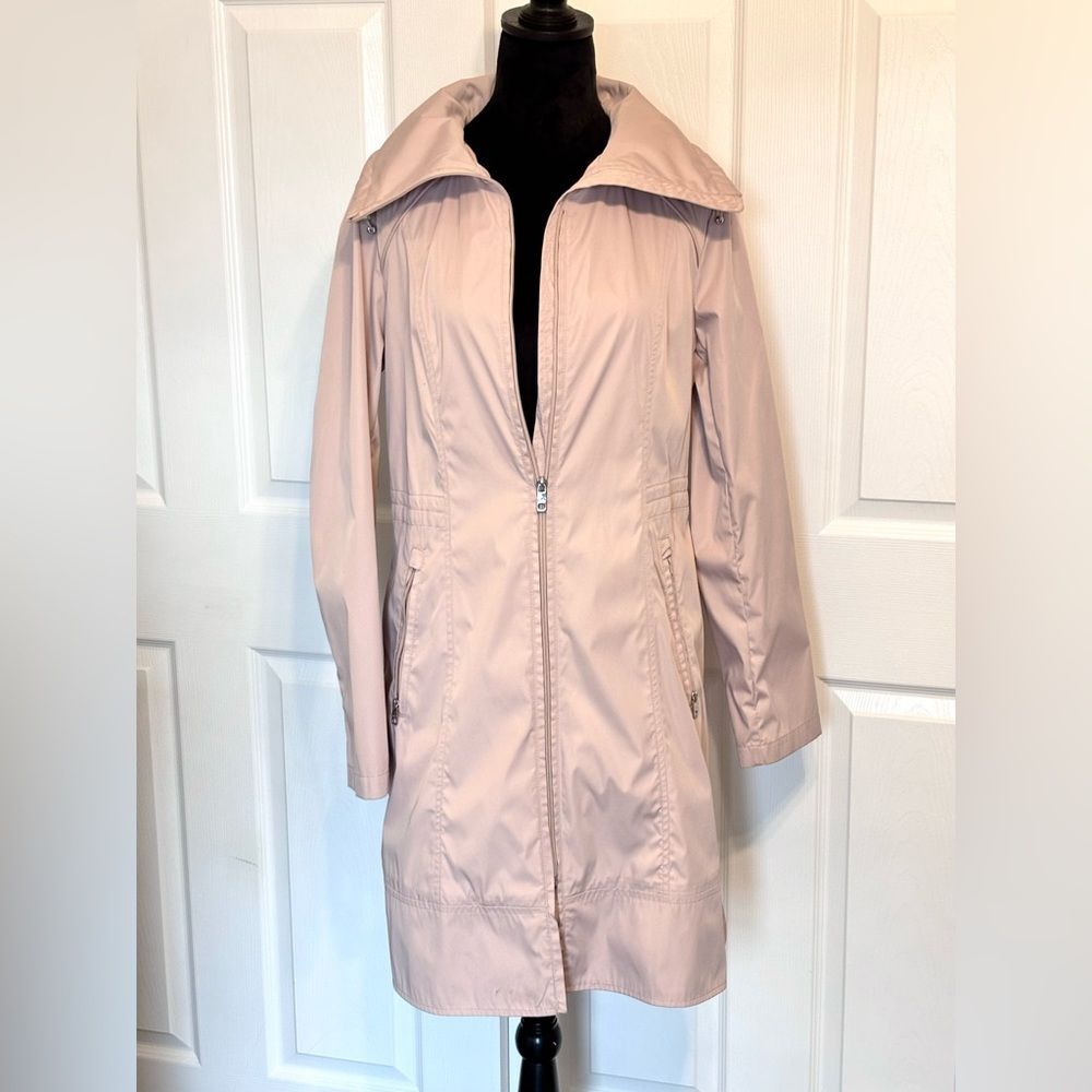 Cole Haan Stowaway Hood Women’s Pink Packable Full Zip Long Rain Coat Jacket M